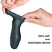 Hands stretching a green textured silicone extender, showcasing its flexibility. The text reads "Extra soft and stretchable liquid silicone." Product: Ryzer 2 in 1 Penis Extender and Masturbation Sleeve.
