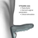 Diagram of a wall-mounted Ryzer 2 in 1 Penis Extender and Masturbation Sleeve in textured green silicone with a wavy design, suitable for versatile use: masturbator, anal and vaginal penetration, and clitoral stimulation.