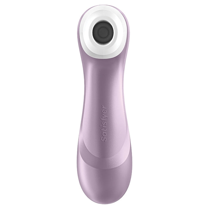 The Satisfyer Pro 2 Waterproof Pressure Wave Clitoral Stimulator in lilac features a rounded design with a white circular opening for targeted clitoral stimulation.