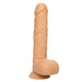 The CalExotics Fuck Stick Squirting Vibrating Silicone Suction Cup Dildo in Vanilla features realistic skin-tone detailing, textured design, a practical suction cup base, attached testicles, and is strap-on harness compatible.