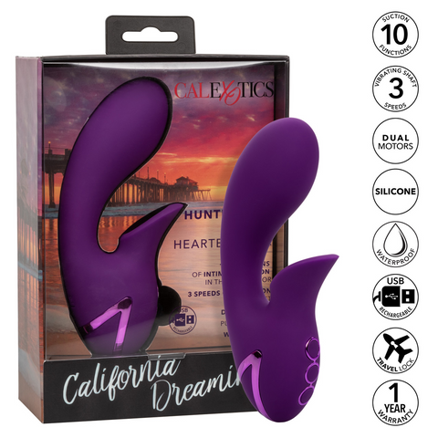 A purple silicone rabbit vibe with dual motors and a curved design, packaged in a box with CalExotics branding, indicating features like 10 functions, 3 vibration speeds, and a 1-year warranty.