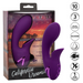 A purple silicone rabbit vibe with dual motors and a curved design, packaged in a box with CalExotics branding, indicating features like 10 functions, 3 vibration speeds, and a 1-year warranty.