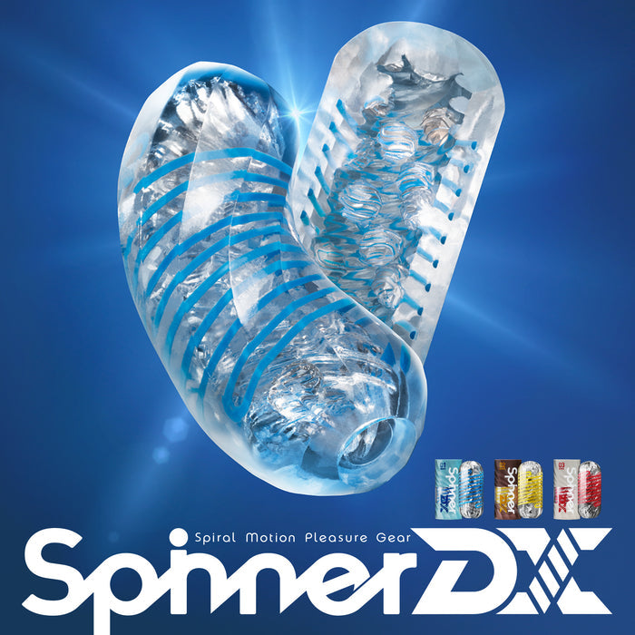 The Tenga Spinner DX Drops Textured Masturbator, featuring a translucent spiral design, is displayed against a blue background. Smaller images below show other variants with bold white text reading “TENGA SPINNER DX.”.