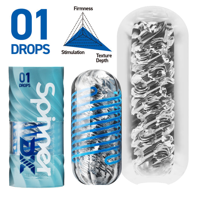 A blue and white Tenga Spinner DX Drops Textured Masturbator with packaging, featuring a thicker elastomer sleeve, spinning motion, and charts displaying firmness, stimulation, and texture depth above the stroker.