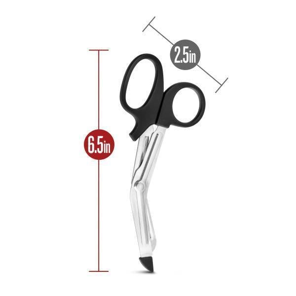 Temptasia Safety Scissors for Bondage Tape with a 6.5-inch length and 2.5-inch blade displayed on a white background with measurements indicated by Blush.
