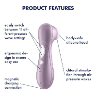 The Satisfyer Pro 2 Waterproof Pressure Wave Clitoral Stimulator in lilac features a body-safe silicone head, ergonomic design, magnetic charging, 11 pressure wave settings, and clitoral stimulation via air pressure waves.