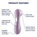 The Satisfyer Pro 2 Waterproof Pressure Wave Clitoral Stimulator in lilac features a body-safe silicone head, ergonomic design, magnetic charging, 11 pressure wave settings, and clitoral stimulation via air pressure waves.