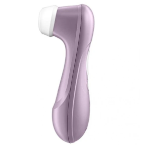 The Satisfyer Pro 2 Waterproof Pressure Wave Clitoral Stimulator in lilac features a white, rounded tip and ergonomic design, ideal for clitoral stimulation or skincare. Shown on a white background.