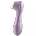 The Satisfyer Pro 2 Waterproof Pressure Wave Clitoral Stimulator in lilac features a white, rounded tip and ergonomic design, ideal for clitoral stimulation or skincare. Shown on a white background.