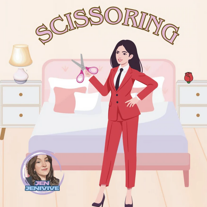A woman in a red suit stands confidently on a bed with oversized scissors, under the cheeky title "Scissoring." Around her: lamp, drawers, and a framed portrait labeled "Jen Jenivive," referencing the Scissoring Adult Humor Book by Jen Jenivive.
