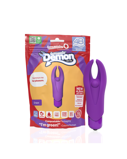Screamin' Demon 4B Rumbly Bullet Vibrator - Purple next to package 