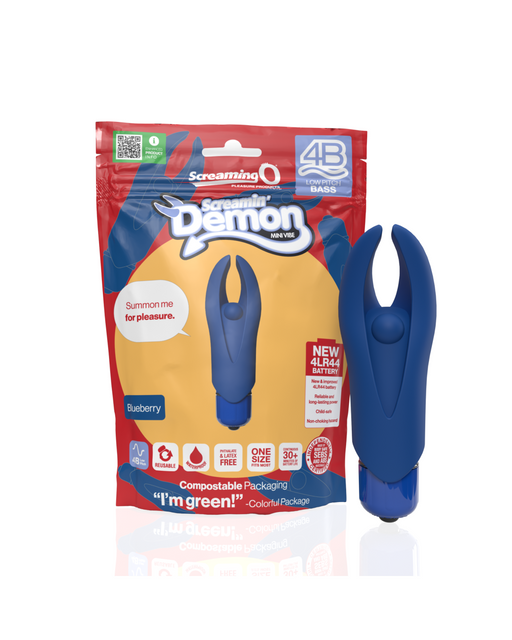 Screamin' Demon 4B Rumbly Bullet Vibrator - Blue next to product bag 