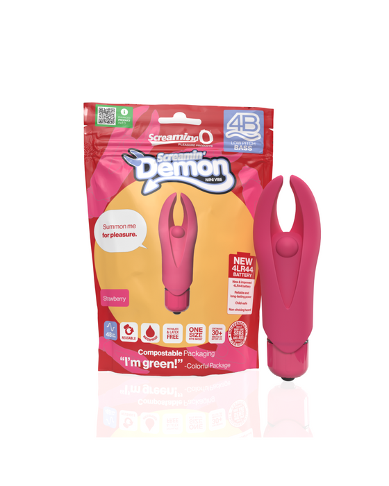 Screamin' Demon 4B Pink Bullet Vibrator next to pink package 