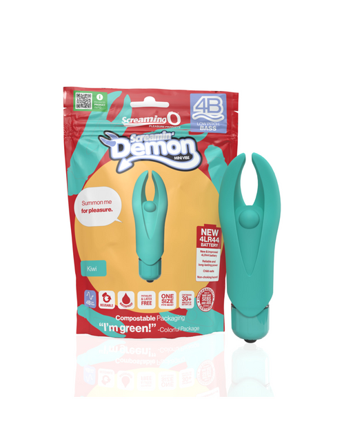 Screamin' Demon 4B Rumbly Bullet Vibrator - Mint Green next to package 