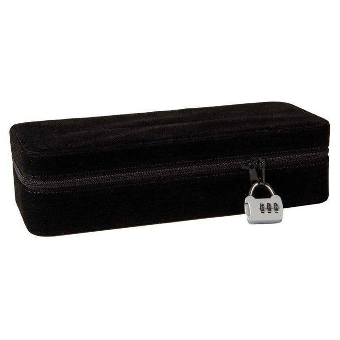 The Secret Black Velvet Sex Toy Storage Box features a coded lock securing the zipper pulls, providing discreet travel and added security for your valuables.