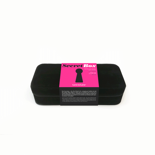 The Secret Black Velvet Sex Toy Storage Box is a rectangular black velvet case with a bright pink "Secret Box" label featuring a keyhole graphic and "Love to Love" text, ideal for discreet travel.