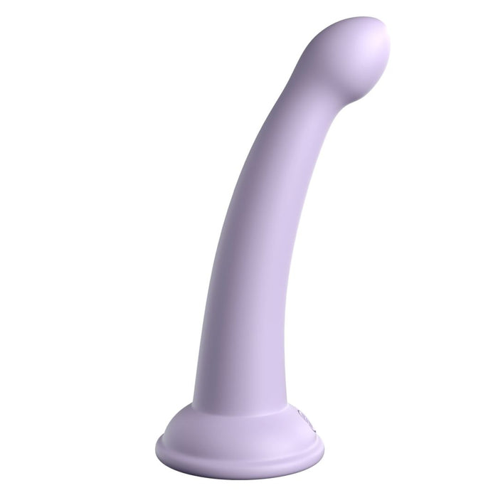 The Secret Explorer 6 Inch G-Spot & Prostate Tapered Purple Silicone Dildo stands upright on a white background, featuring a light purple hue, curved shape, rounded tip, flared base, and platinum cured silicone construction.