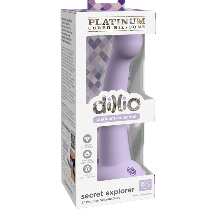 A packaged Secret Explorer 6 Inch G-Spot & Prostate Tapered Purple Silicone Dildo, visible through a clear window. The box highlights its platinum-cured, body-safe silicone construction.