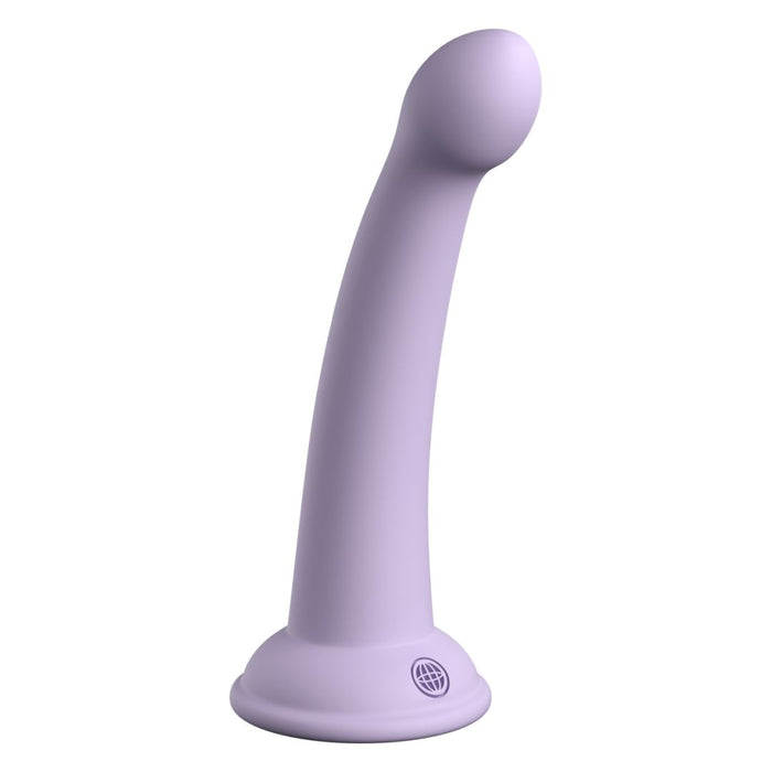 The Secret Explorer 6 Inch G-Spot & Prostate Tapered Purple Silicone Dildo, featuring a curved shaft, rounded tip, and flared suction cup base, stands upright against a white background.