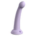 The Secret Explorer 6 Inch G-Spot & Prostate Tapered Purple Silicone Dildo, featuring a curved shaft, rounded tip, and flared suction cup base, stands upright against a white background.