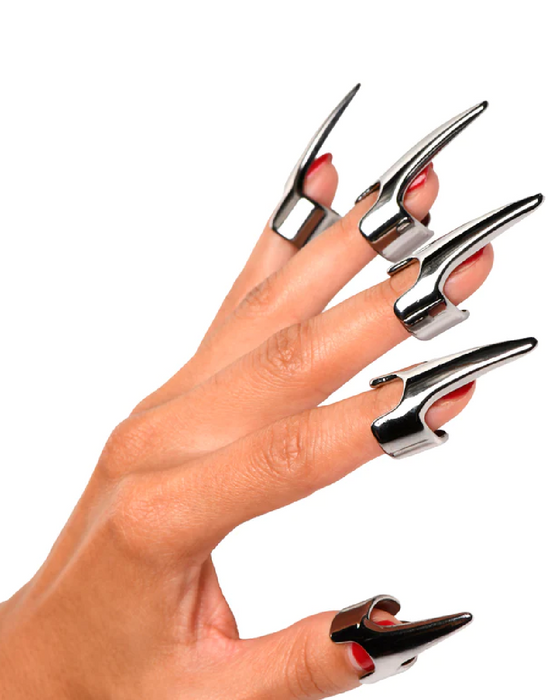 Clawed 5 Piece Sensory Play Silver Rings on model's hand 
