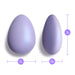Two Serene Silicone Waterproof Palm Vibrators are shown side by side with labeled measurements: the left is 2" wide and 3" tall, while the right is 1.5" wide and 3" tall. Both are purple and egg-shaped.