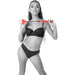 A woman in black lingerie poses holding the Sex & Mischief Amor Red Heart Crop and Flogger, featuring a red and black design with a heart-shaped end, against a plain white background.