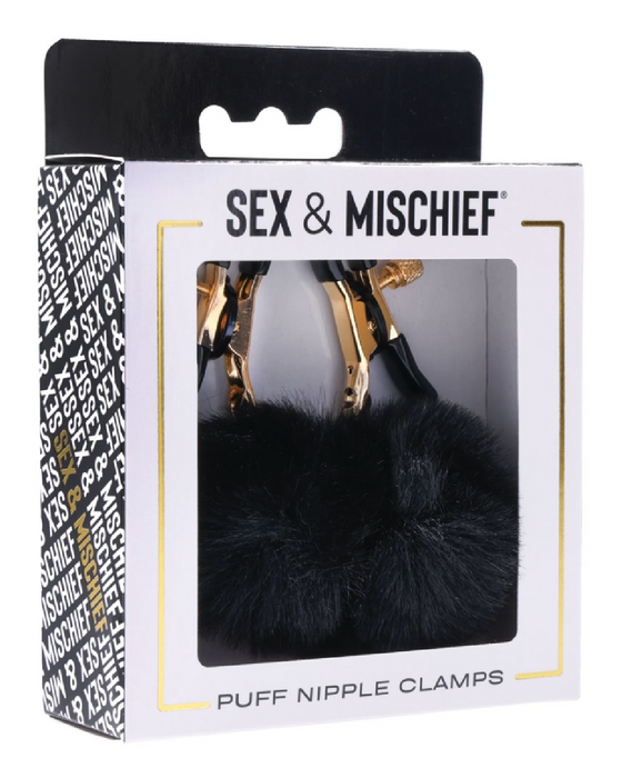Sex and Mischief Faux Fur Nipple Clamps - Black in a box 