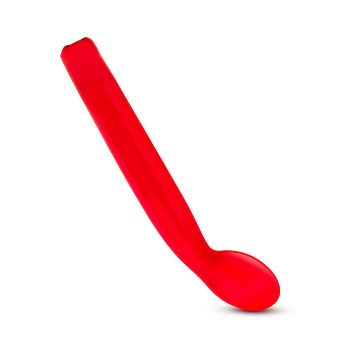 The Sexy Things Beginner Slim G-Spot Vibrator is a bright red, curved, elongated waterproof toy with a rounded end, perfect for beginners and photographed isolated on a white background.