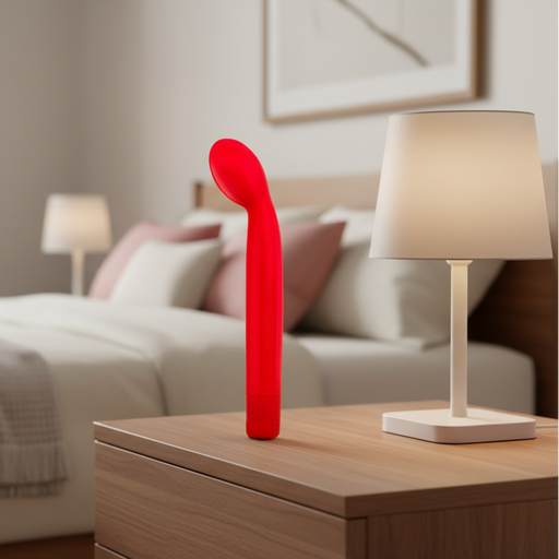 A Sexy Things Beginner Slim G-Spot Vibrator in red stands upright on a wooden bedside table beside a lit lamp, with a neatly made bed and soft, neutral decor in the background.