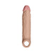 The Shaft Model F Ultra-Realistic 8 Inch Silicone Penis Sleeve with Ball Strap in Vanilla features FLEXISKIN liquid silicone, a flesh tone, pink tip, veined texture, and an open ring base; shown against a white background.