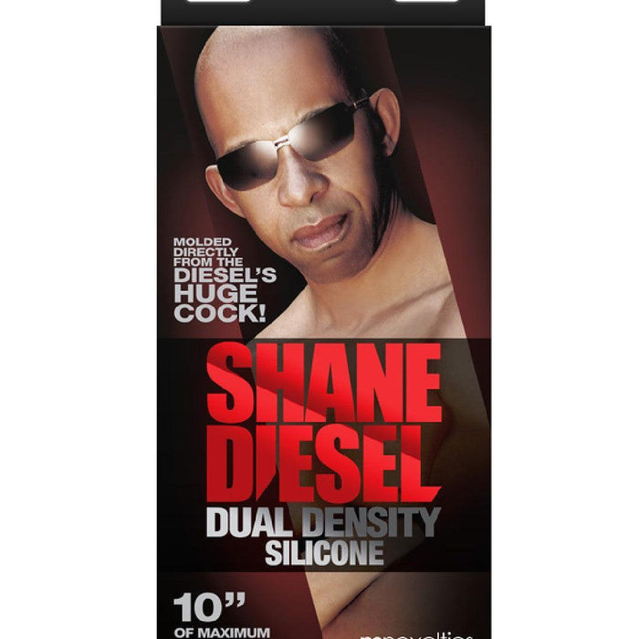 A product box shows a man in sunglasses with bold red text: “SHANE DIESEL LONG THICK 10 INCH SILICONE PORN STAR DILDO WITH SUCTION CUP,” highlighting its realistic, porn star-molded design and 10-inch length.