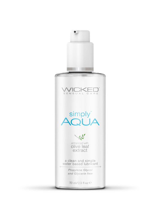Wicked Simply Aqua Water Based Lubricant 2.3 oz (Travel Size) white bottle blue writing 