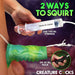 A hand holds a Siphon Green Tentacle Squirting Penis Enhancer with fluid spraying out. Text reads: “2 ways to squirt: use 100 ml syringe or 30 ml bulb. Fantasy sleeve Creature Cocks.”.