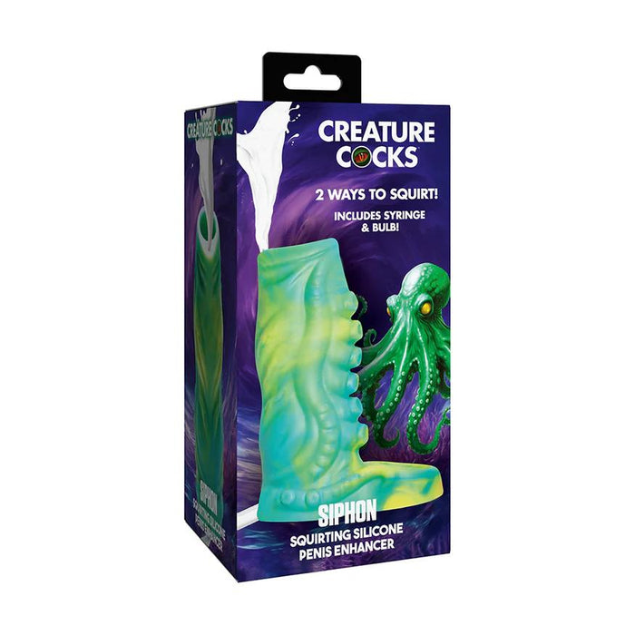 A product box for the "Siphon Green Tentacle Squirting Penis Enhancer" by Creature Cocks, featuring a squid-like illustration and highlighting its fantasy sleeve design and squirting function.