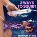 A hand uses a 100 ml syringe and another squeezes a 30 ml bulb, both attached to the Siphon Tentacle Squirting Purple Penis Enhancer. Text: "2 ways to squirt: Use 100 ml syringe or 30 ml bulb.