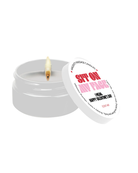 Valentine Massage Oil Candle - Sit on My Face tin with lid off 