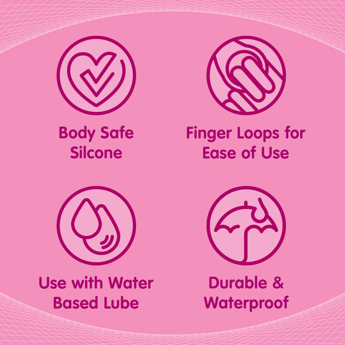 Four icons on a pink background highlight Skins Care Curved Vaginal Dilators 3-Piece Set (Small/Medium): medical-grade silicone, finger loops for easy use, water-based lube compatible, and durable & waterproof—ideal features for pelvic health.