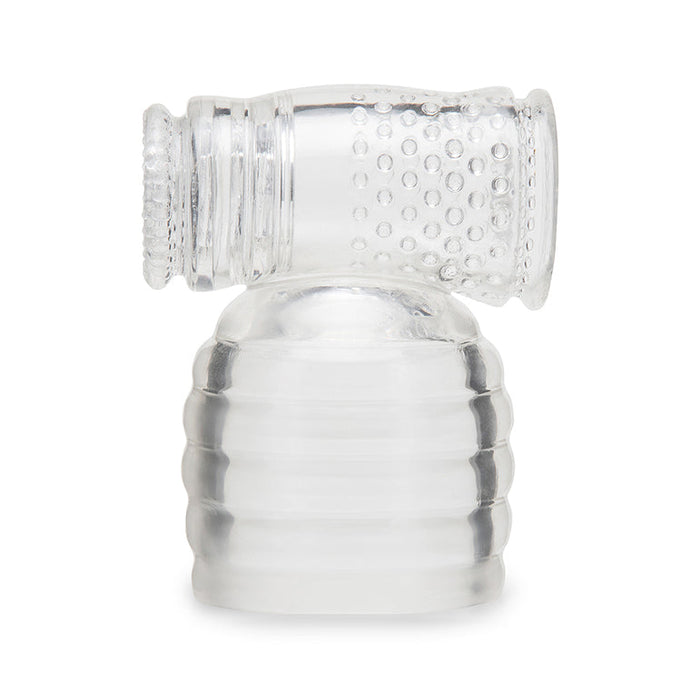The Slider Clear Male Masturbator Wand Attachment features a textured, ribbed base and dotted cylindrical top, designed to enhance your personal device. Shown against a plain white background.