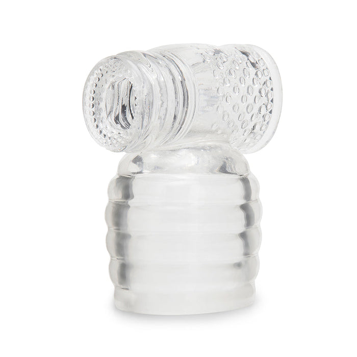 The Slider Clear Male Masturbator Wand Attachment is a transparent, textured silicone sleeve with a dotted top and ribbed bottom, shown upright against a white background.