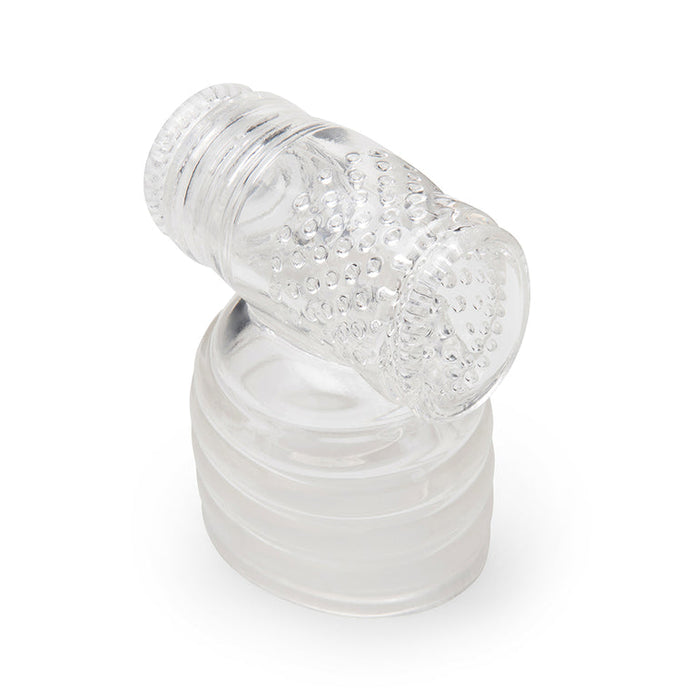 The Slider Clear Male Masturbator Wand Attachment is a flexible, textured silicone sleeve with a ribbed base and dotted surface for stimulation, shown upright on a white background.