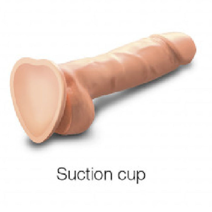 The Sliding Skin Realistic Small 7 Inch Light Tone Silicone Dildo with Suction Cup is displayed on a white background, featuring a flesh-like look and heart-shaped suction cup base. The phrase "Suction cup dildo" appears below the image.