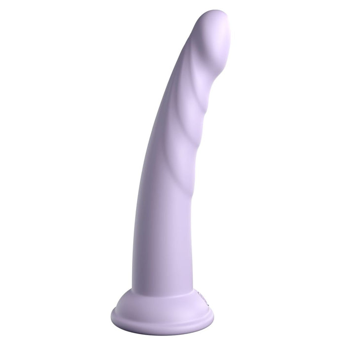 The Slim Seven 7 Inch G-Spot & Prostate Tapered Purple Silicone Dildo is a light purple, slim platinum silicone toy with a gentle curve, smooth base, and twisted spiral texture along the shaft.