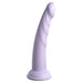 The Slim Seven 7 Inch G-Spot & Prostate Tapered Purple Silicone Dildo is a light purple, slim platinum silicone toy with a gentle curve, smooth base, and twisted spiral texture along the shaft.