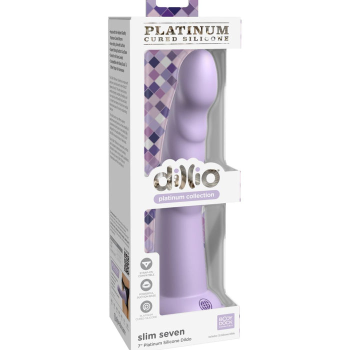 The Slim Seven 7 Inch G-Spot & Prostate Tapered Purple Silicone Dildo is boxed with product details and branding, featuring a clear window that reveals part of the slim dildo inside.