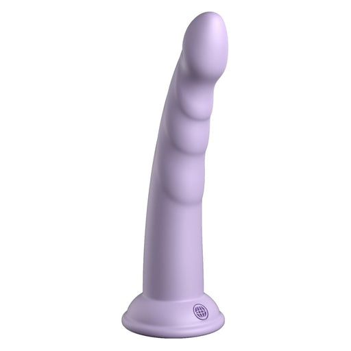The Slim Seven 7 Inch G-Spot & Prostate Tapered Purple Silicone Dildo features ribbed textures, a curved slim design, and a sturdy suction cup base—crafted from platinum silicone for personal pleasure.