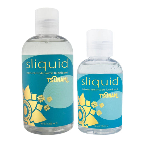 Two clear bottles of Sliquid Tsunami Ultra Thick Seaweed Water Based Lubricant (8.5 oz and 4.2 oz) feature blue and yellow sun-and-wave labels, ideal for sensitive skin and long-lasting lubrication.