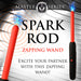 Two red and black electric play wands emit blue sparks, shown next to text: "Spark Rod Electro Stimulation Zapping Wand. Excite your partner with this zapping wand!.
