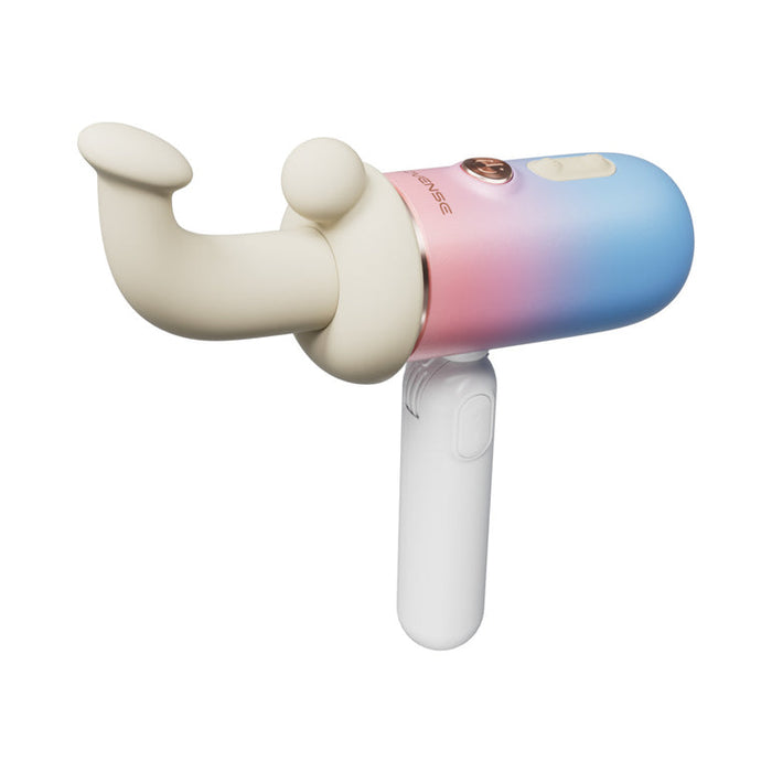 The Spinel App-Controlled, Multi-Attachment Thrusting, Vibrating & Heating Dildo Machine boasts a pastel blue and pink gradient body, white handle, cream curved attachment, and top buttons with display for easy hands-free thrust control.