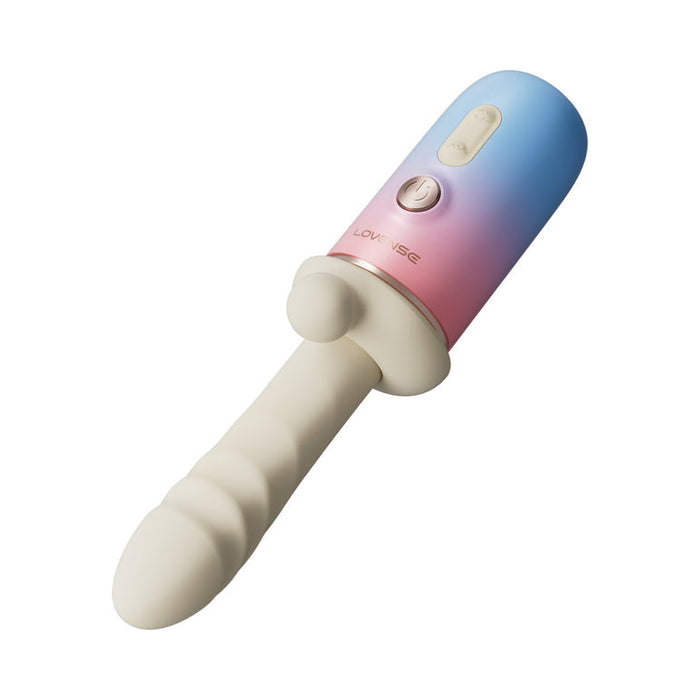The Spinel App-Controlled, Multi-Attachment Thrusting, Vibrating & Heating Dildo Machine features a cream ribbed shaft with a rounded base and a blue-pink gradient control handle marked "LOVE WISE"—ideal for hands-free pleasure. White background.